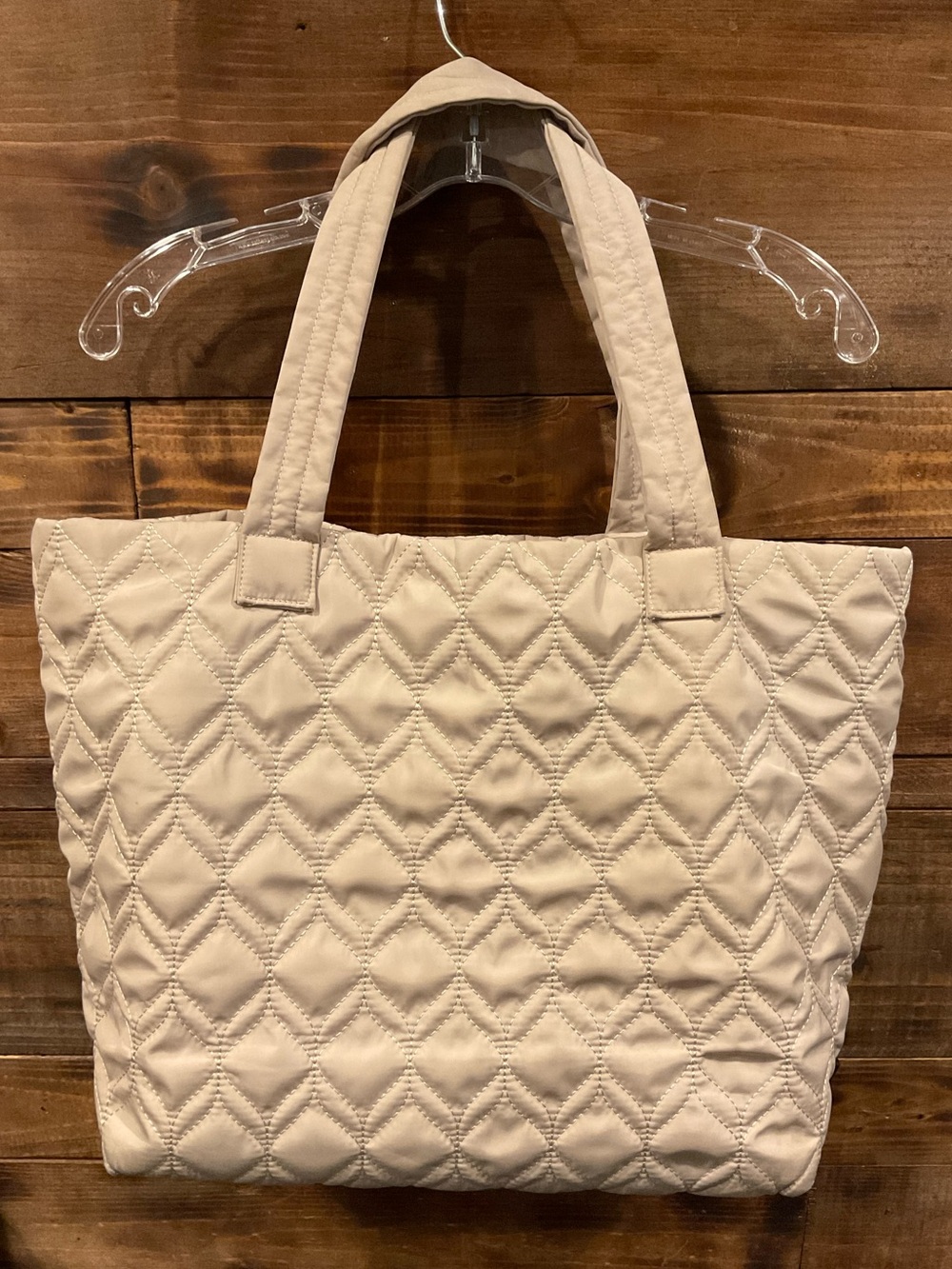 FABLETICS The Quilted Tote III Quilted Beige Tote Bag - Diamond Stitch